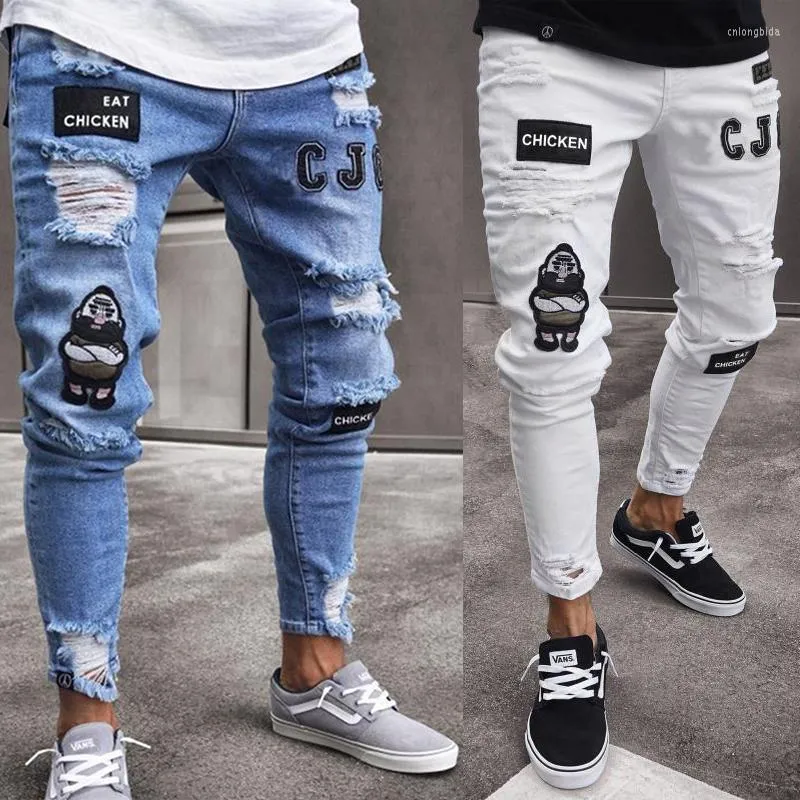 Men's Jeans Men Stretchy Ripped Skinny Biker Embroidery Print Destroyed Hole Taped Slim Fit Denim Scratched High Quality Jean