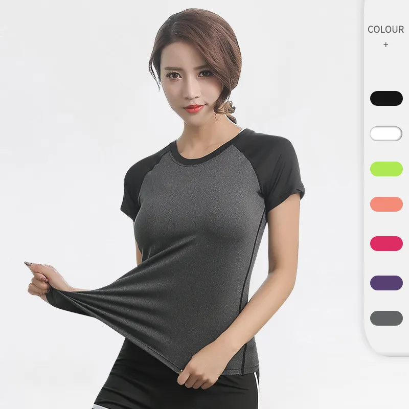 Actieve shirts Tees yoga strakke passende korte mouwen fitness lopende training training snel drogen elastische kleur matching round nek t-shirt kleding