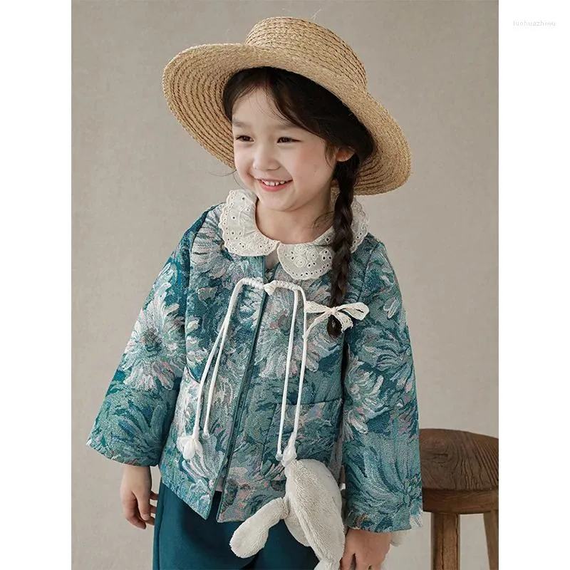 Jackets Coats Girls Fragmented Flowers Coat Autumn Children Clothing Retro Oil Painting Art Design Sense Outerwear Attractive