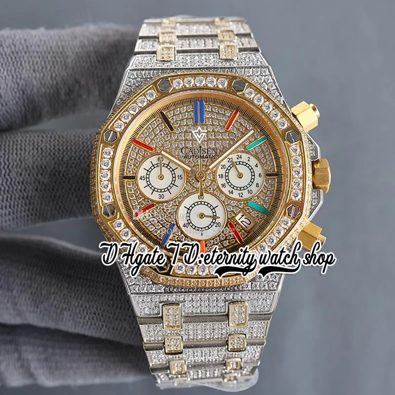 SF sf26473 Movimento cronografo al quarzo giapponese Miyota Orologio da uomo Lunetta in oro giallo Quadrante ghiacciato con diamanti Bracciale arcobaleno con diamanti bicolore Orologi eternità