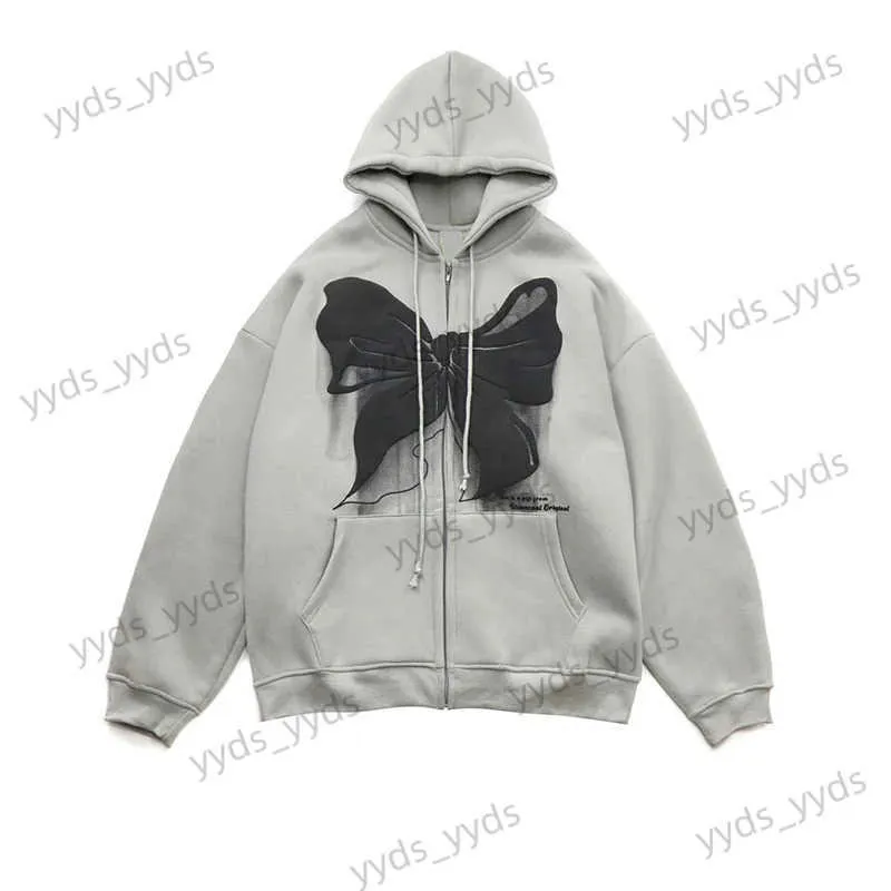 Men's Hoodies Sweatshirts European and American Bowknot Printed Zipper Hoodie Women Street Casual Loose Hooded Cardigan Jacket Y2K Couple Plus Size Hoodie T231127