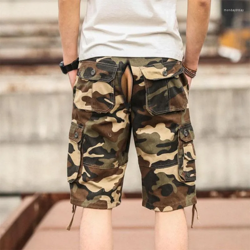 Herren Shorts Sommer Strandhose Unsichtbar Open-Seat Lässig mit Taschen Sand Camouflage Cargo Herrenbekleidung Outdoor Sex