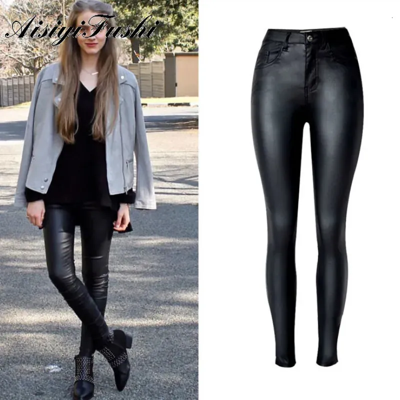 Jeans da donna Aisiyifushi Pantaloni a matita in denim nero a vita alta da donna skinny in ecopelle 231127