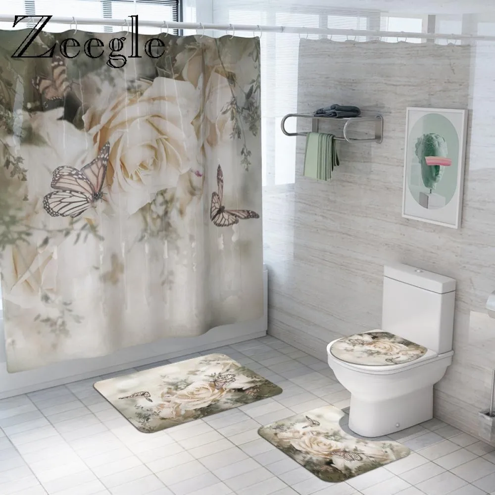 Zeegle Printed Flower Bathroom Mat Set with Shower Curtain Anti-slip Shower Mat Foot Rug Toilet Decoration Floor Mat Doormat