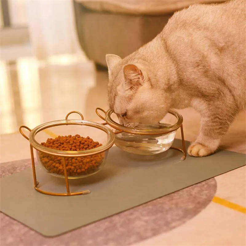 給餌かわいいガラス猫ボウル小型ドッグフード給餌子犬の水フィーダー金属フレームシングルまたはダブルオプションペット製品用品
