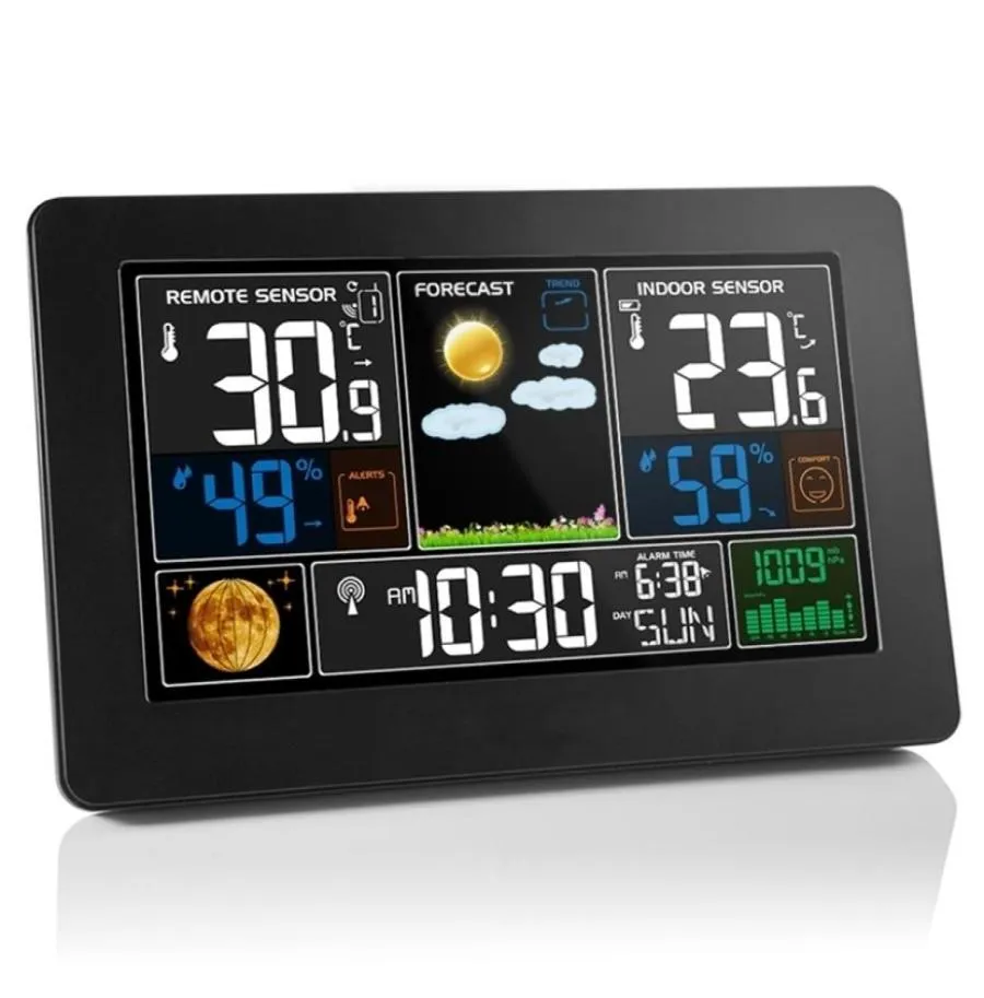 FanJu Wetterstation, digitaler Wecker, Innen- und Außenthermometer, Hygrometer, Barometer, USB-Ladegerät, kabelloser Sensor, 2201225950217