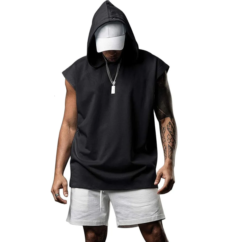 Men's Tank Tops Fitness Pullover Sports Casual Sleeveless Hooded Vest Loose 230426