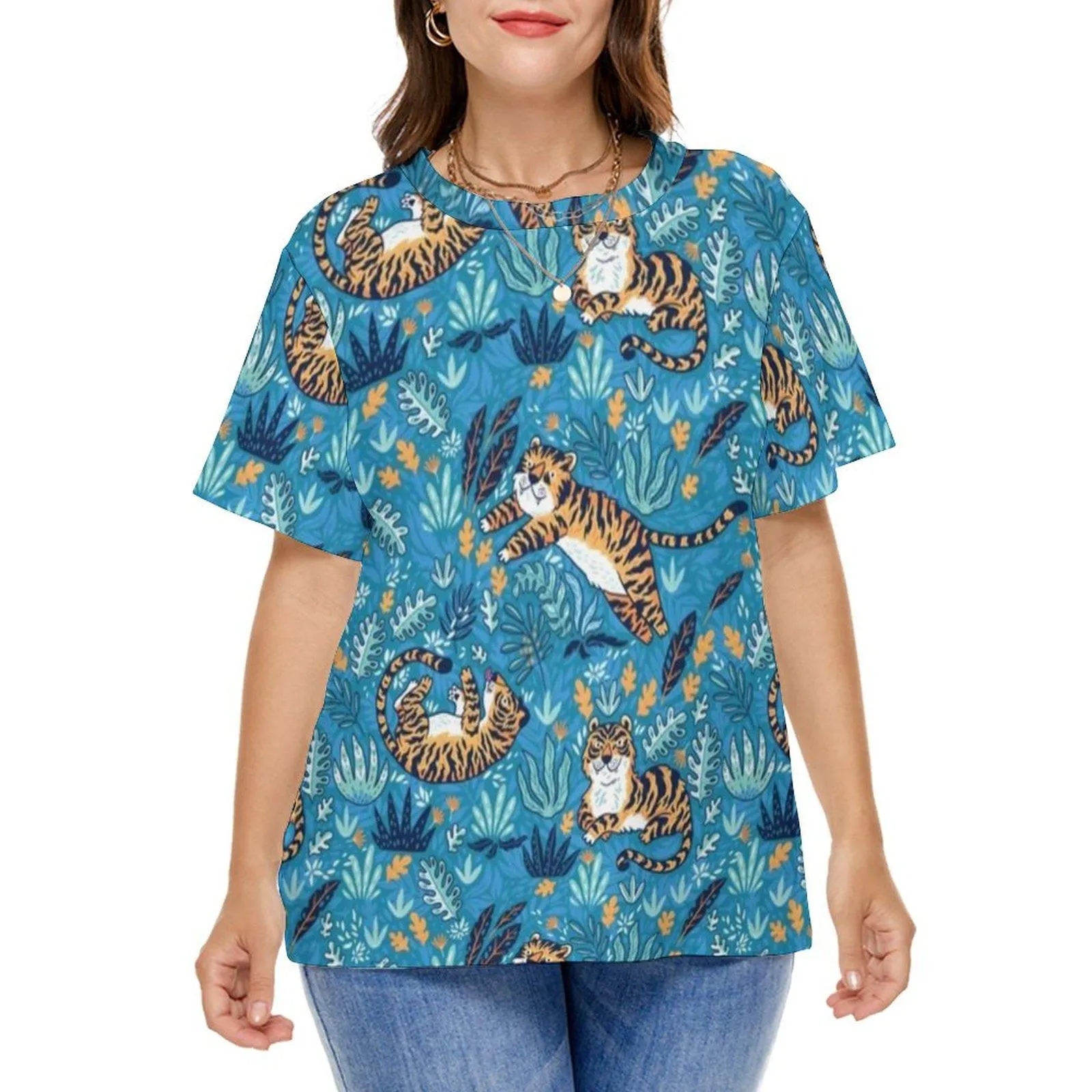 Tops Wild Tiger T Shirt Jungle Leaf Print Trendy T Shirts Short Sleeves Korean Fashion Tees Women Beach Graphic Tops Plus Size