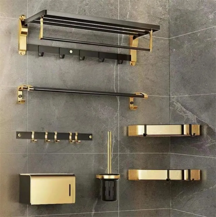 Punch Badkameraccessoires Zwart Goud Luxe Badkamer Plank Ruimte Aluminium Badkamer Organizer Toilethouder Handdoekhouder 220523224381