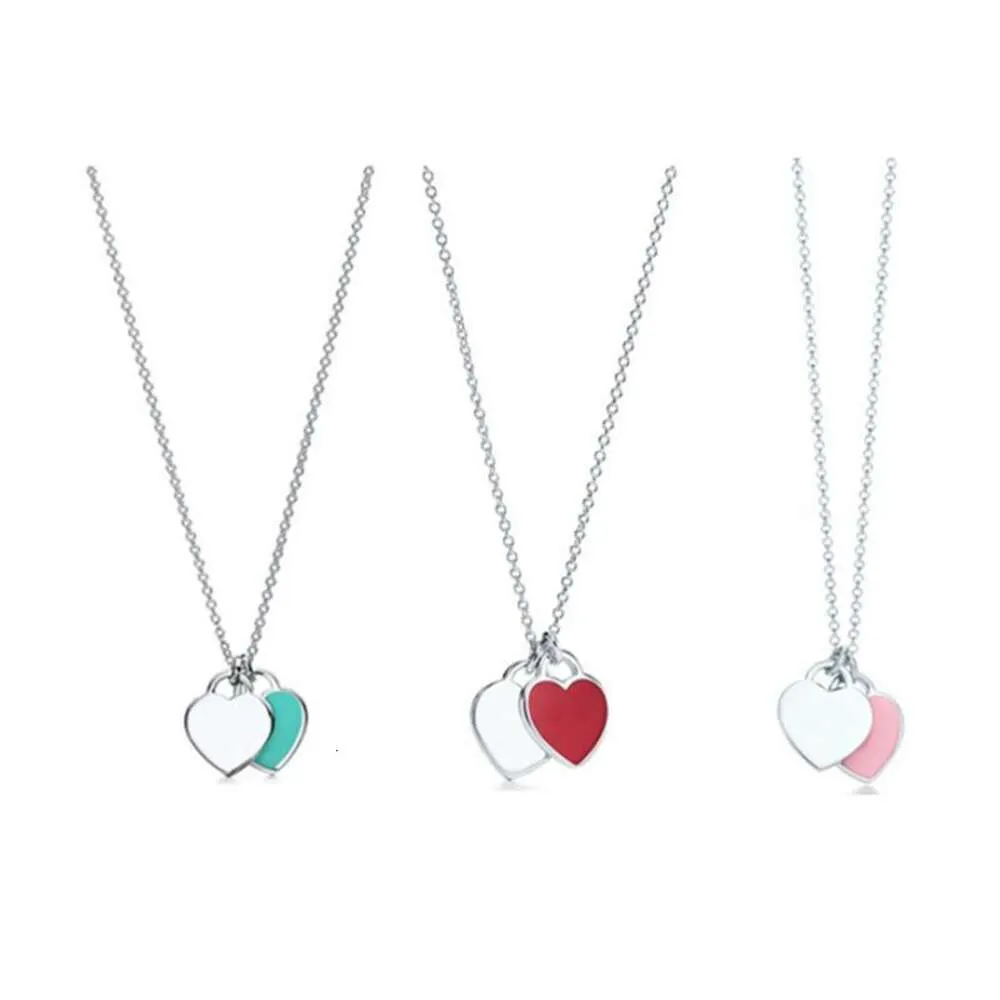 popular Necklace Double Heart 925 Silver Enamel Love Collar Chain Pink Blue Heart Simple Valentine's Day Gift for Girlfriend with Gift Box