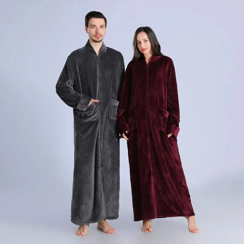 Men's Sleepwear Women Winter Zipper Extra Long Jacquard Flannel Warm Bathrobe Plus Size Coral Fleece Bath Robe Pregnant Dressing Gown Men