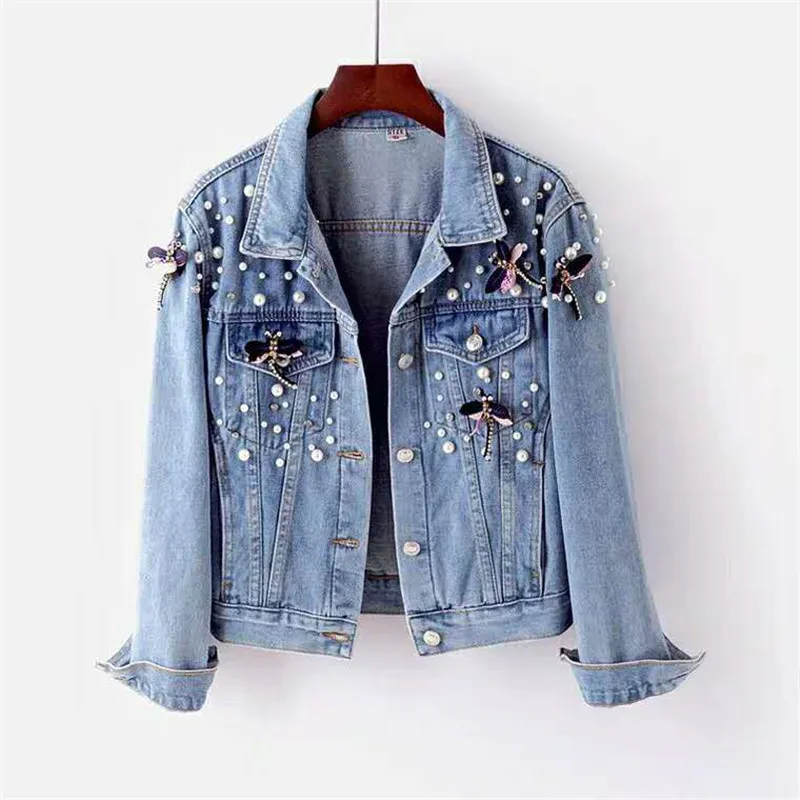 Femmes Vestes Automne Denim Veste Manteau Femmes Perles Lâche Pardessus Jeans Veste De Base Manteaux Streetwear À Manches Longues Casual Survêtement P688 230427