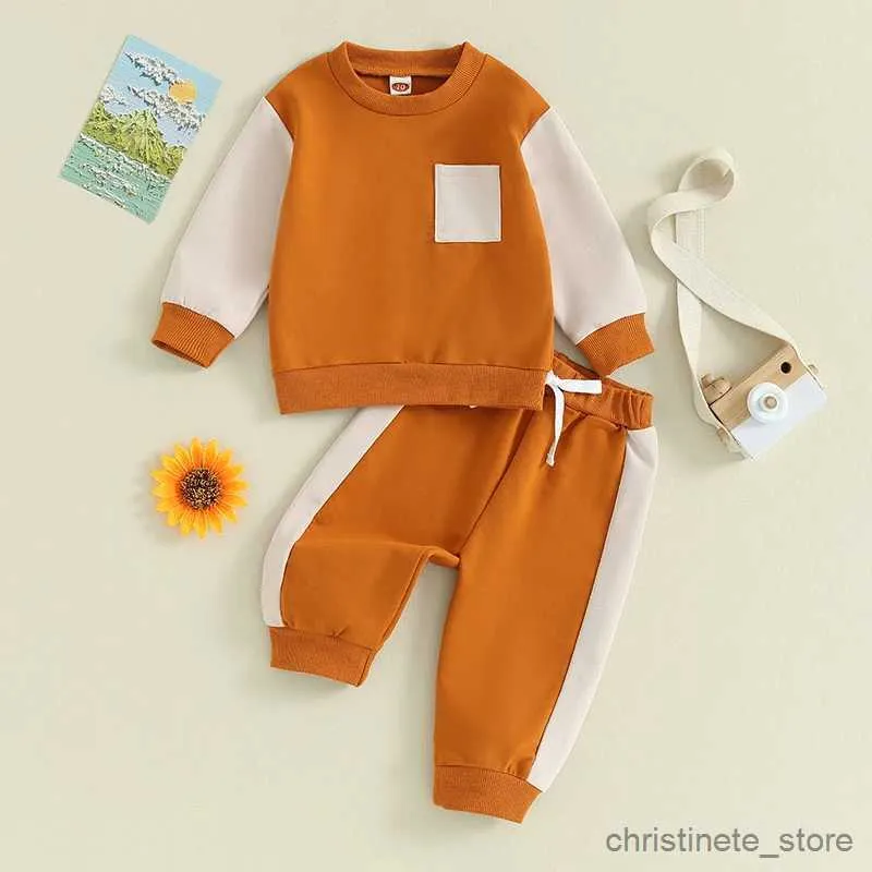 Set di abbigliamento Bambini Neonati maschi Set di abbigliamento autunnale Felpa girocollo a maniche lunghe in colore a contrasto con pantaloni sportivi in vita elastica Abbigliamento per neonati R231127