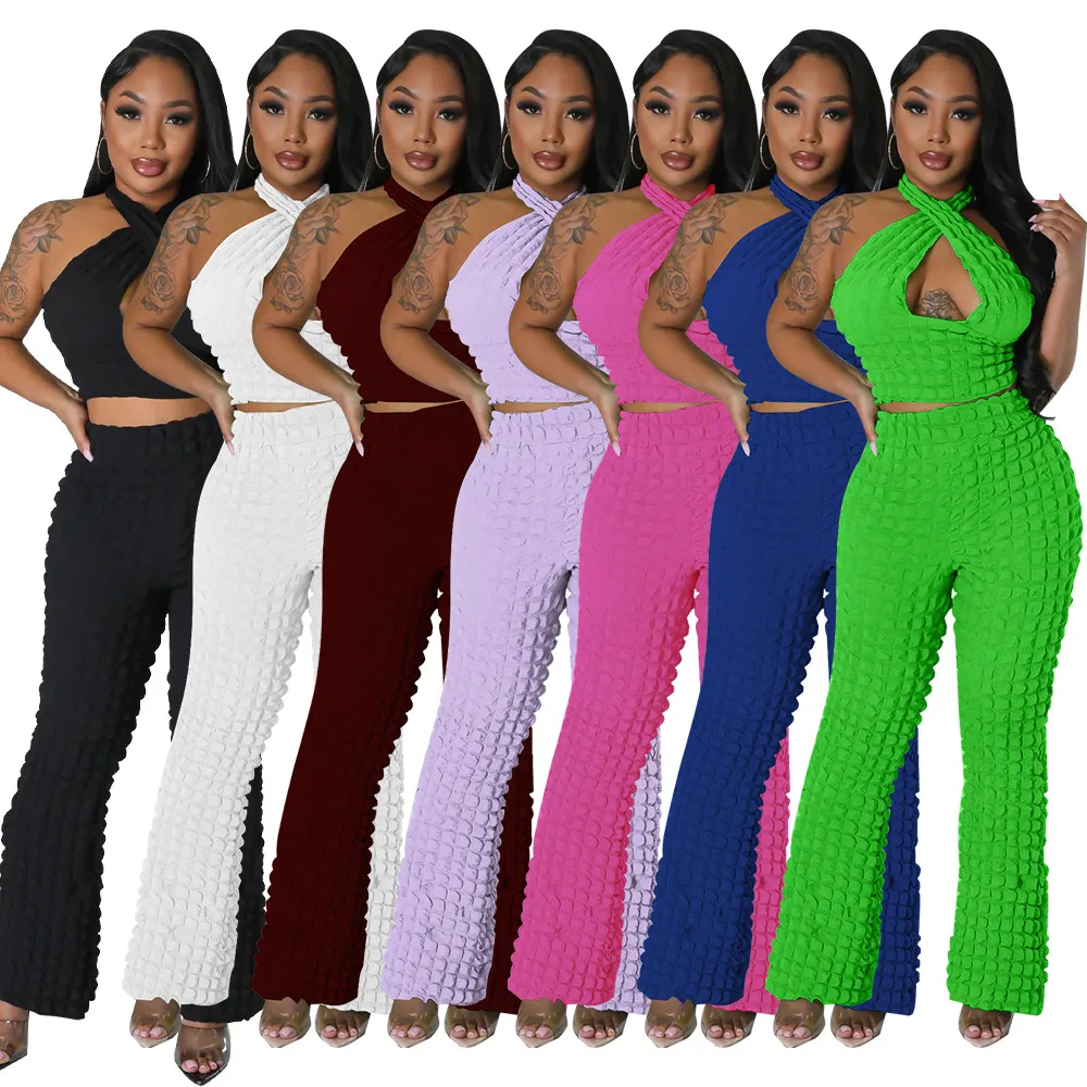 2024 Designer Survêtements Femmes Bulle Texturé Deux Pièces Ensembles Sexy Halter Cou Dos Nu Crop Top Et Pantalon Droit Assorti Ensemble Tenues En Vrac Vêtements En Gros 9799