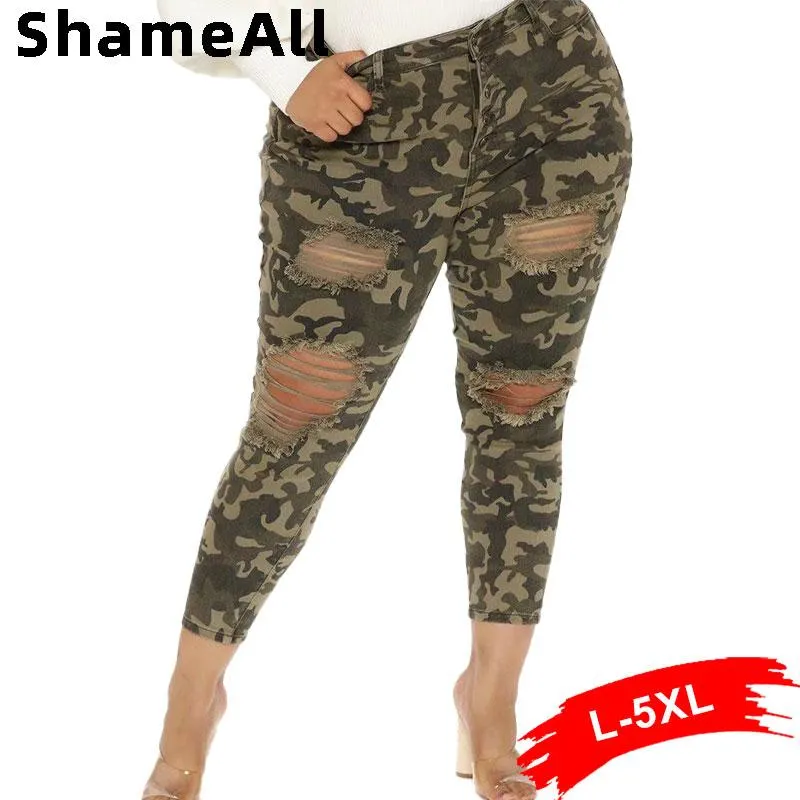 pantaloni Plus Size Street Fori strappati Pantaloni cargo da donna stampati mimetici 5xl Pantaloni a matita skinny slim larghi a vita alta da donna