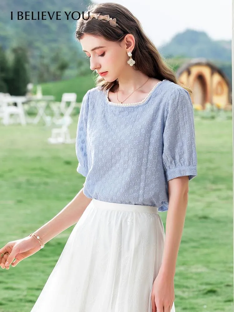 T-Shirt I BELIEVE YOU Blouse for Women Fashion 2022 New Summer French Chic Cotton Solid Pearl Square Collar Puff Sleeves Tops DCS213760A