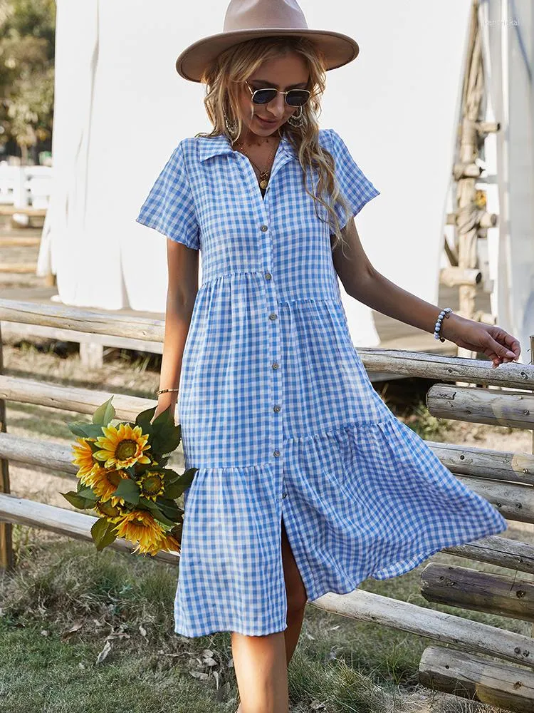 Lässige Kleider WYWMY Sommer Damen Kariertes Hemd für Vintage Kariertes Umlegekragen Midikleid Button Up Party Vestidos Robe