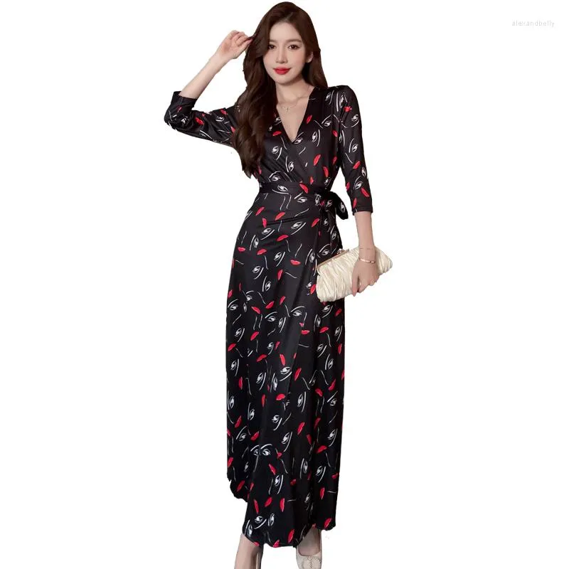 Robes décontractées col en v Floral manches trois-quarts corée femmes bohème plage Maxi enveloppement dames élégantes robe de vacances vêtements