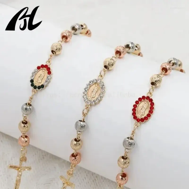 Bracelets à maillons Arrivée Bracelet religieux fait à la main avec croix de la Vierge Marie et Jésus tricolore multicolore 3 tons Oro Laminado De Pulsera