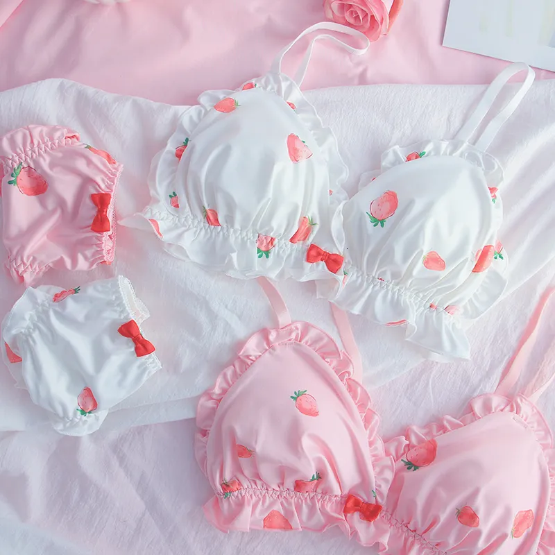 Bras Sets Strawberry Cute Japanese Milk Silk Bra Panties Set Wirefree Soft Underwear  Set Kawaii Lolita Bra And Panty Set Pink Lingerie 230427 From 13,14 €