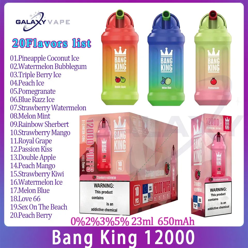Authentic Bang King 12000 Puff E Cigarette Type-C 650mAH Rechargeable Battery 23ml pre-filled Pod 0%2%3%5% level Puffs 12k 20 Flavors Authentic Bang King 12000 Puff E Cigarette Type-C 650mAH Rechargeable Battery 23ml pre-filled Pod 0%2%3%5% level Puffs 12k 20 Flavors