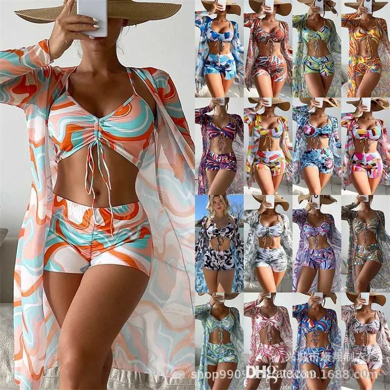 2023 Costume Da Bagno Per Donna Set Tre Pezzi Manica Lunga Overshirt Costume Da Bagno Bikini Con Coulisse In Rete Completi Da Spiaggia Da Donna