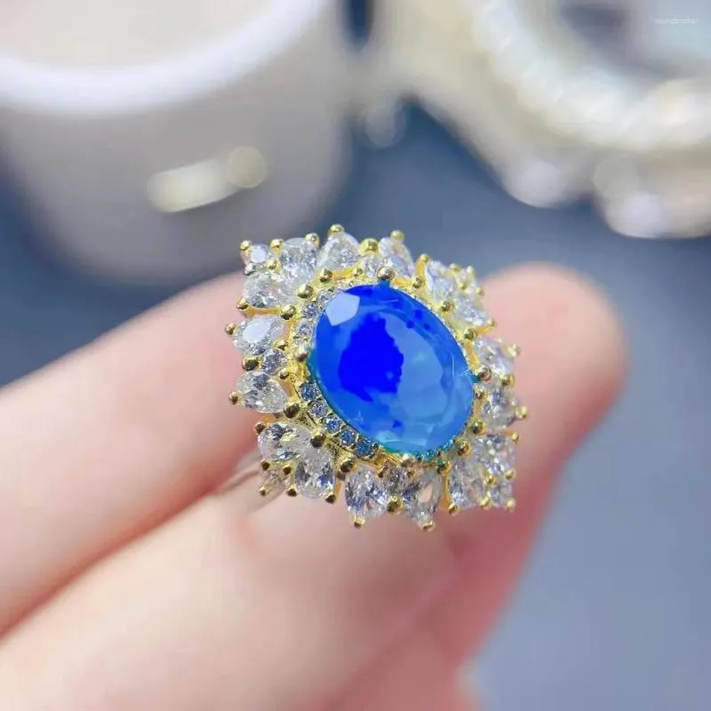 Кольца кластера FS Кольцо с натуральным синим опалом S925 из стерлингового серебра Модные очаровательные женские роскошные свадебные украшения MeiBaPJ F