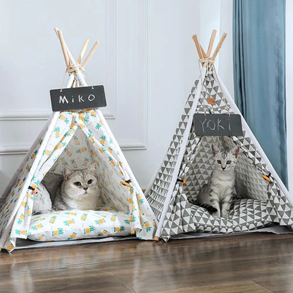 Tapis Tente pour animaux domestiques Lit pour chien Portable Amovible Lavable Tipi Chiot Chat Intérieur Extérieur Chenils Grotte avec coussin et tableau noir