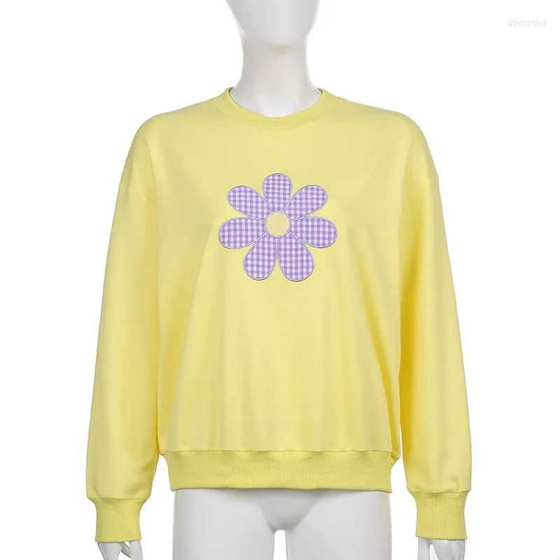 Women's Hoodies 2023 Embroidered Gingham Daisy Flower Applique Sweatshirt Women Autumn Winter Loose Long Sleeve Y2K Pullover Street Fashion