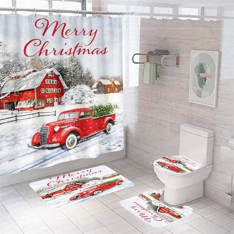 Curtains Christmas Shower Curtains Vintage Red Truck Cloth Shower Curtains In Bath Holiday Farmhouse Bathroom Shower Home Decor