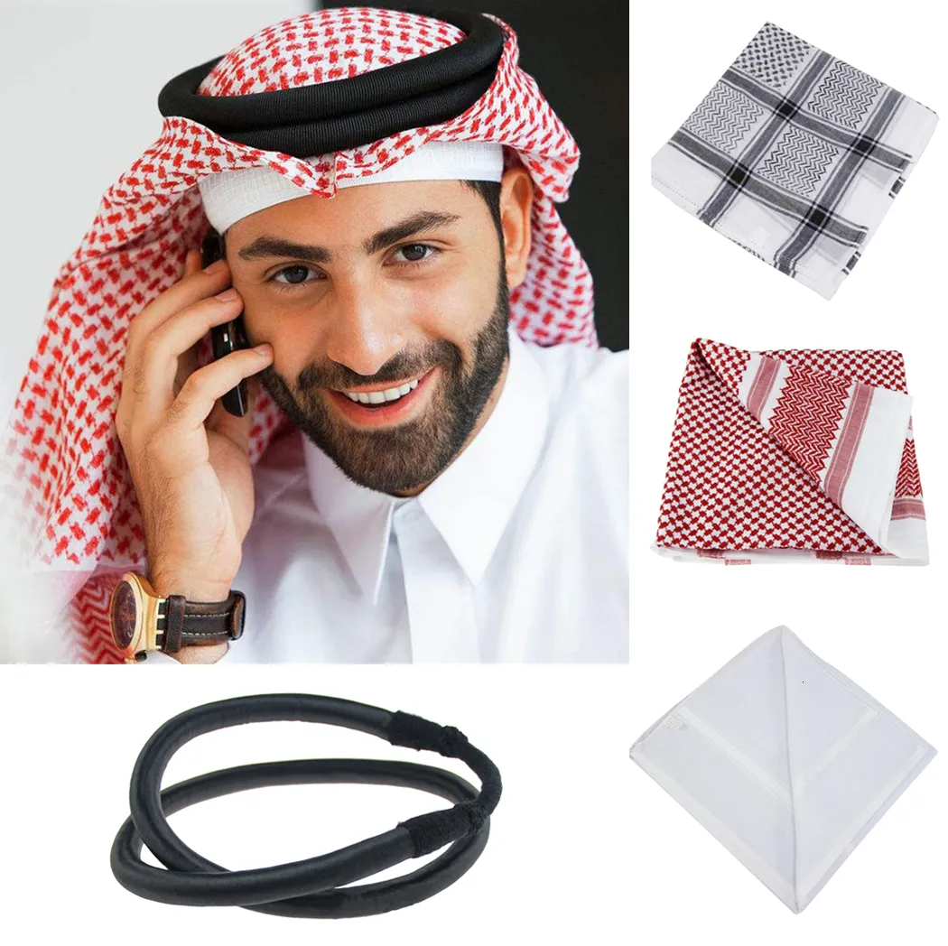 Foulards 135 * 135cm Turban Hommes Plaid Headwrap Islamique Hommes Foulard Costumes Traditionnels Musulmans Hijabs Dubaï Arabe Ramadan Prier Caps 230426