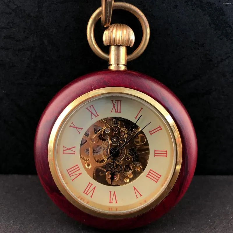 Pocket Watches Vintage Red Wood Watch Round Steampunk Antique Mechanical Wall Mens Women Universal Clock Gift Reloj De Bolsillo