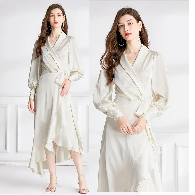 Satin Belted Side Bow Wrap Dress Women Designer Long Sleeve V-Neck Slim White Wedding Asymmetrical Party Ruffle Dress Ballgown 2023 Spring Fall Sweet Vacation Frocks