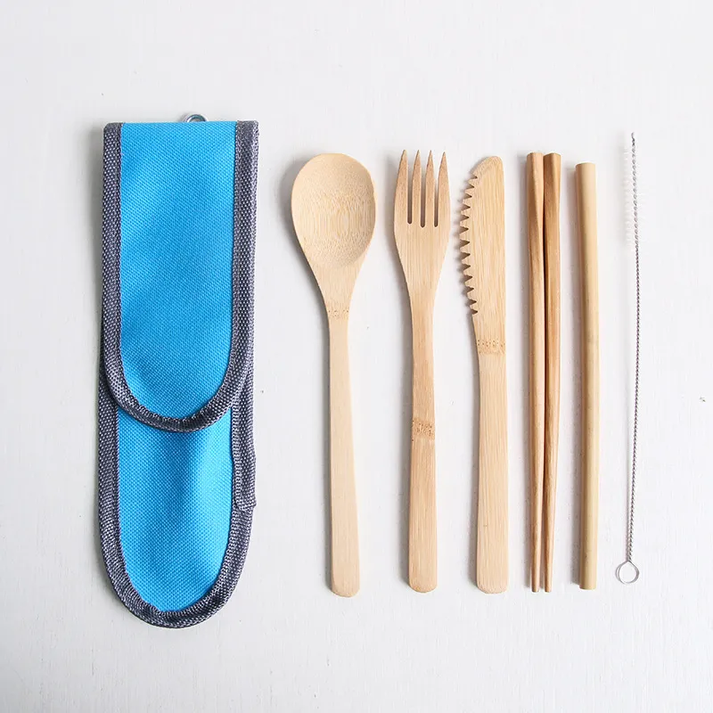 eco-friendly bamboo flatware cutlery set 7 pcs/set portable bamboo straw dinnerware set with cloth bag knives fork spoon chopsticks dh8655