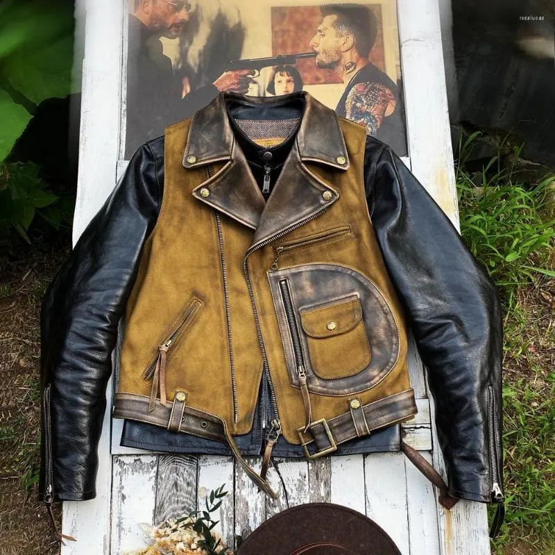 Gilet da uomo Gilet di tela in vera pelle giapponese Cuciture in pelle  bovina Pittura a olio Gilet da motociclista retrò Gilet senza maniche punk