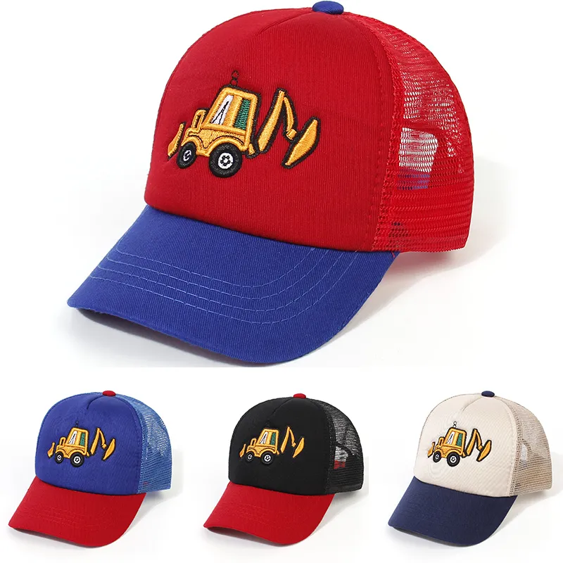 Casquette de Baseball pour enfants, chapeau de soleil brodé avec dessin animé Digger, rouge et noir, chapeau respirant en maille, printemps et été