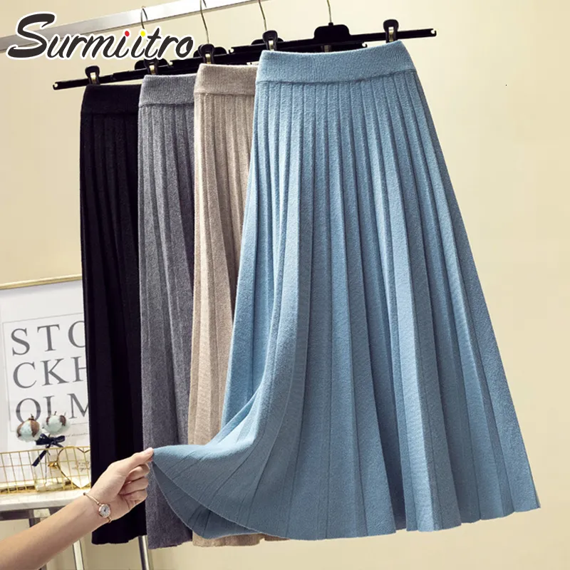 Skirts SURMIITRO Fashion Autumn Winter Knitted Midi Long Pleated Skirt Women Korean Style Blue Mid-Length High Waist Skirt Female 230427