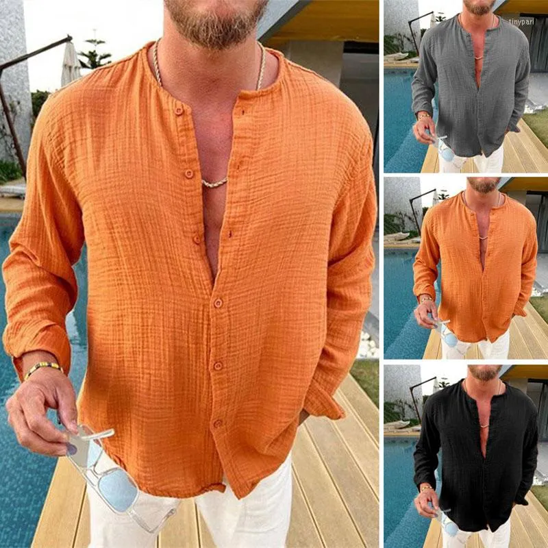 Chemises décontractées pour hommes Hommes Chemise en lin de coton froissé Mode Haut ample à manches longues O-Neck Tees Blouse Homme Printemps Été Vêtements Streetwear