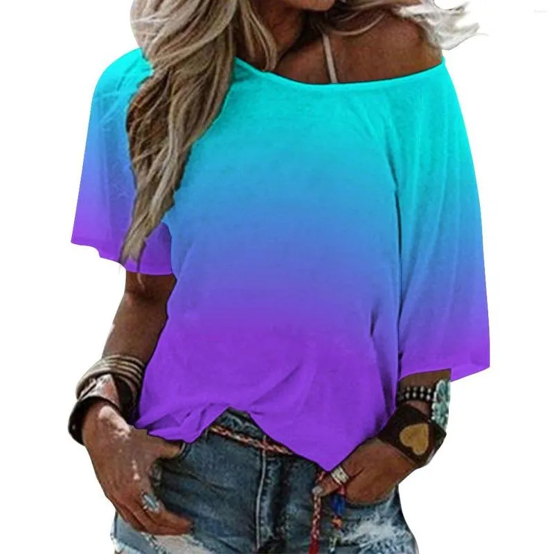 Kvinnors T -skjortor Purple Neon och Aqua Blue Shade Color Fade Ruffle Short Sleeve Summer V Neck Topps Fashion Casual Tee Shirt