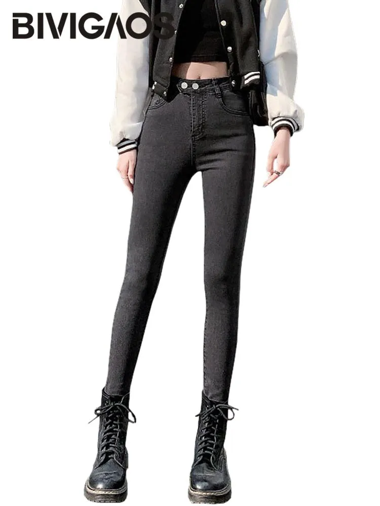 Jeans BIVIGAOS Neue Doppelknopf-Röhrenjeans Damen Frühling Herbst Mode Lässige Knöchellange Jeggings Stretch Slim Jeans Bleistifthosen