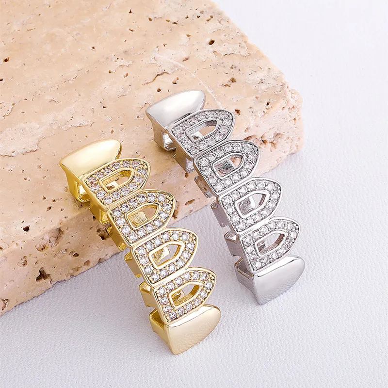 Nieuw bling cz holle tanden grillz geel wit goud vergulde top grills tandheelkundige sieraden rapper sieraden