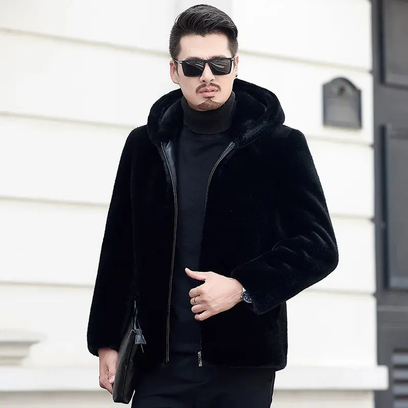 Men's Fur Faux Fur Winter Imitation Mink Fur Coats Men Jacket Thick Turn Down Collar/Hooded Faux Fur Jacket Male Black Overcoat 231127