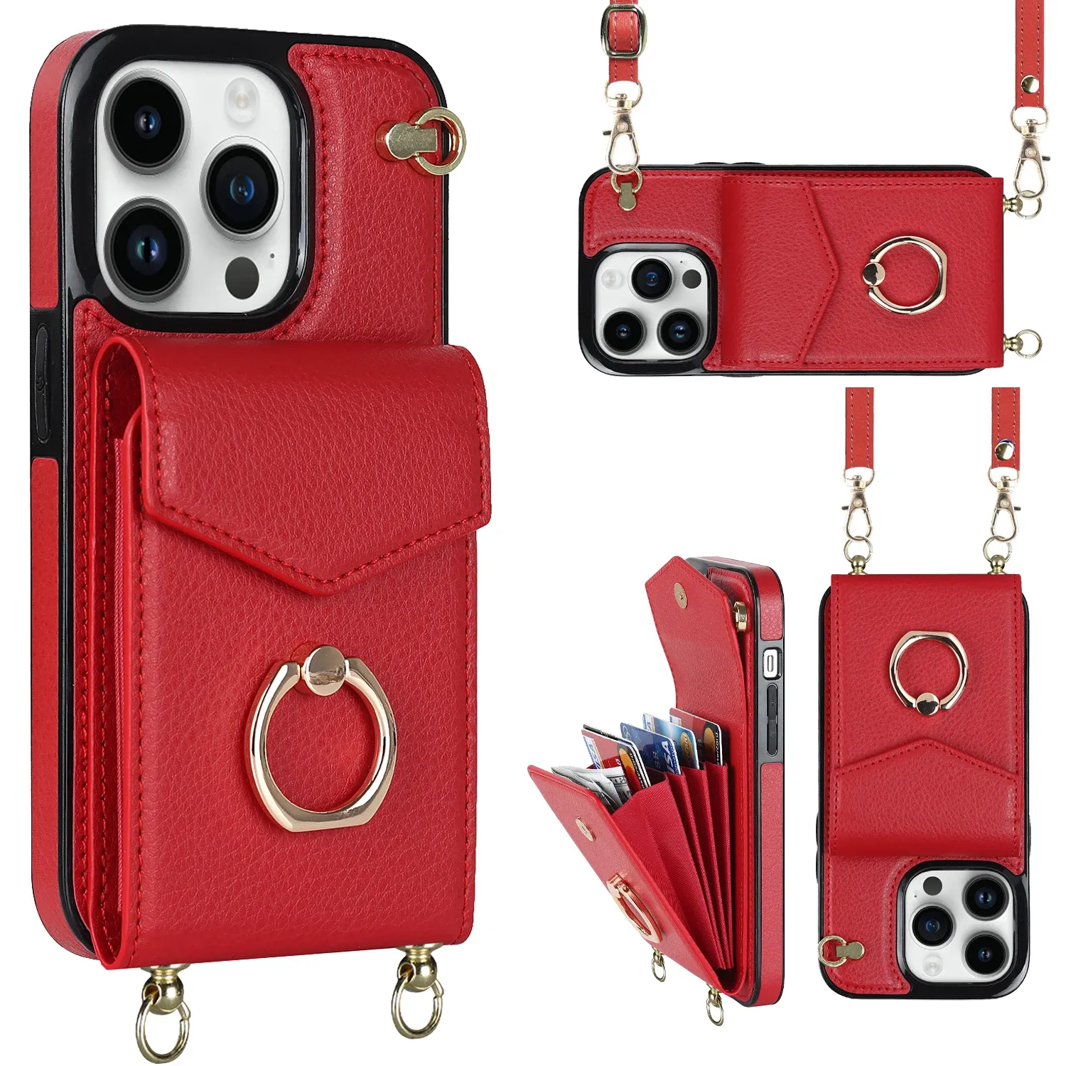 Ring Stand Crossbody Lanyard Wallet Leather Case For iPhone 15 14 13 12 11 Pro XS Max X 7 8 Plus RFID Blocking Cards Holder Organ Cover