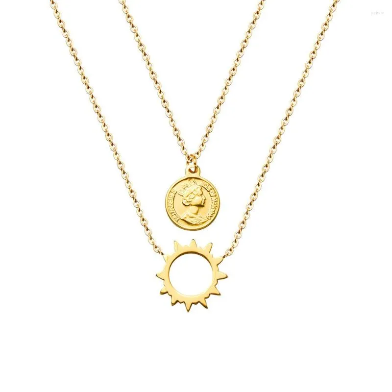 Pendant Necklaces Stainless Steel Sun For Women Multi-layered Portrait Coin Charm Clavicle Necklace Bohemian Jewelry Accessories