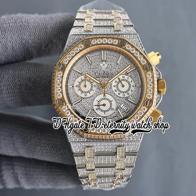 SF SF26333 Japan Miyota Quartz Chronograph Movement Mens Watch Yellow Gold Bezel Iced Out Diamond Dial Stick Markers Two Tone Diamonds Armband Eternity Watches