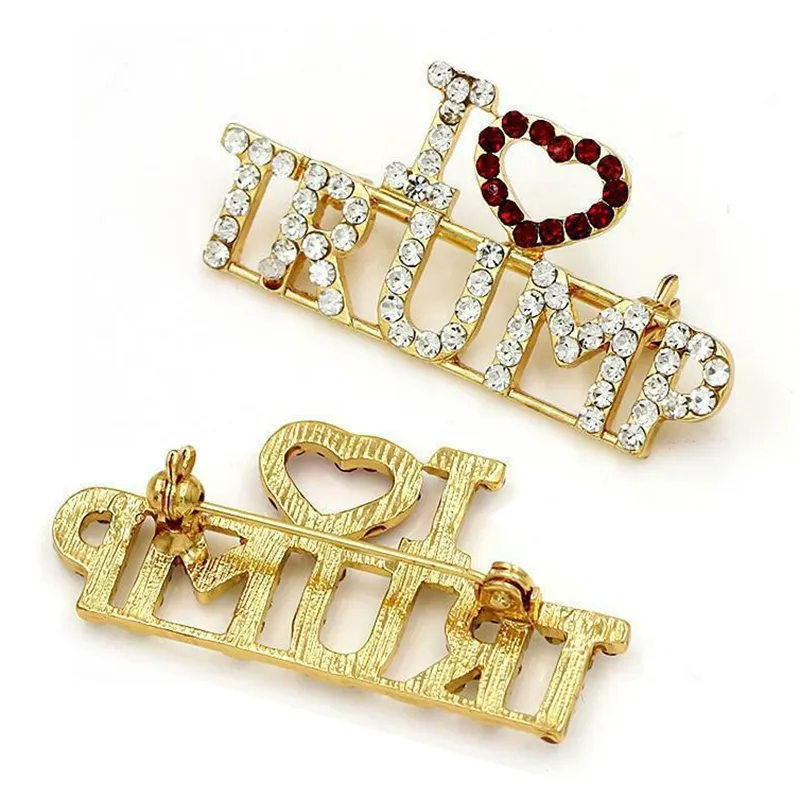 Broches TRUMP en cristal strass, Design avec lettres, cœur rouge, mots, épingle pour femmes, manteau pour filles, bijoux de robe, vente en gros