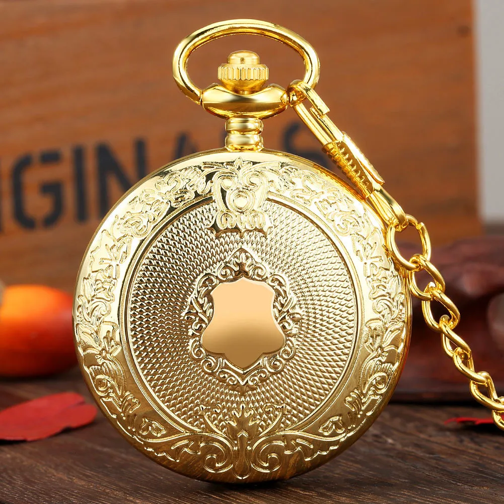 Pocket Watches Gold Delicate Carved Pattern Shield Antique Steampunk Vintage Roman Normals Quartz Reloj de Madera 230426