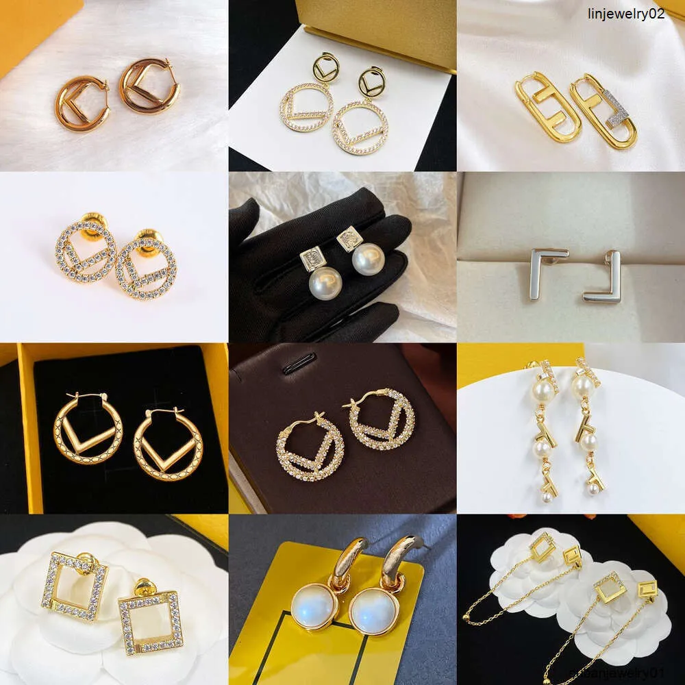 Mode Damen Designer Ohrstecker F Marke Ohrring Einfacher Buchstabe Diamant Creolen Hochzeitsschmuck für Frauen Liebe Geschenke 14 Stile