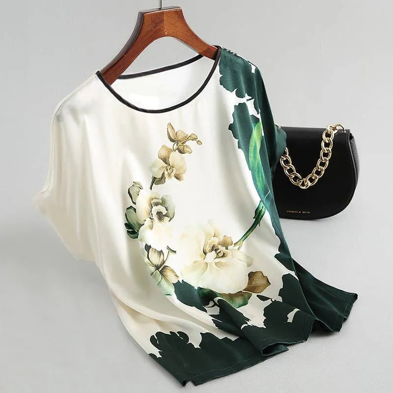 T-Shirt Silk Satin Women Blouses Plus size Batwing sleeve Vintage Print Floral Blouse Ladies Casual Short sleeve Tops