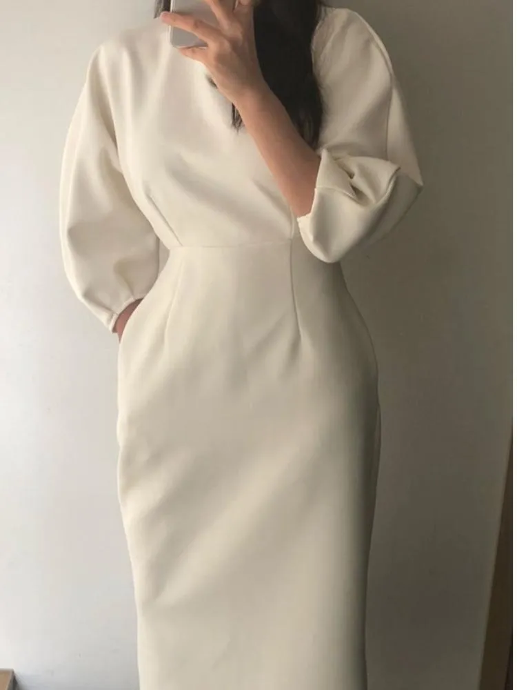 Jurken voor dames lente herfst elegante zakelijke midi witte jurk vleermuis mouw werkkleding bodycon slanke zwarte vestidos damesmode kleding